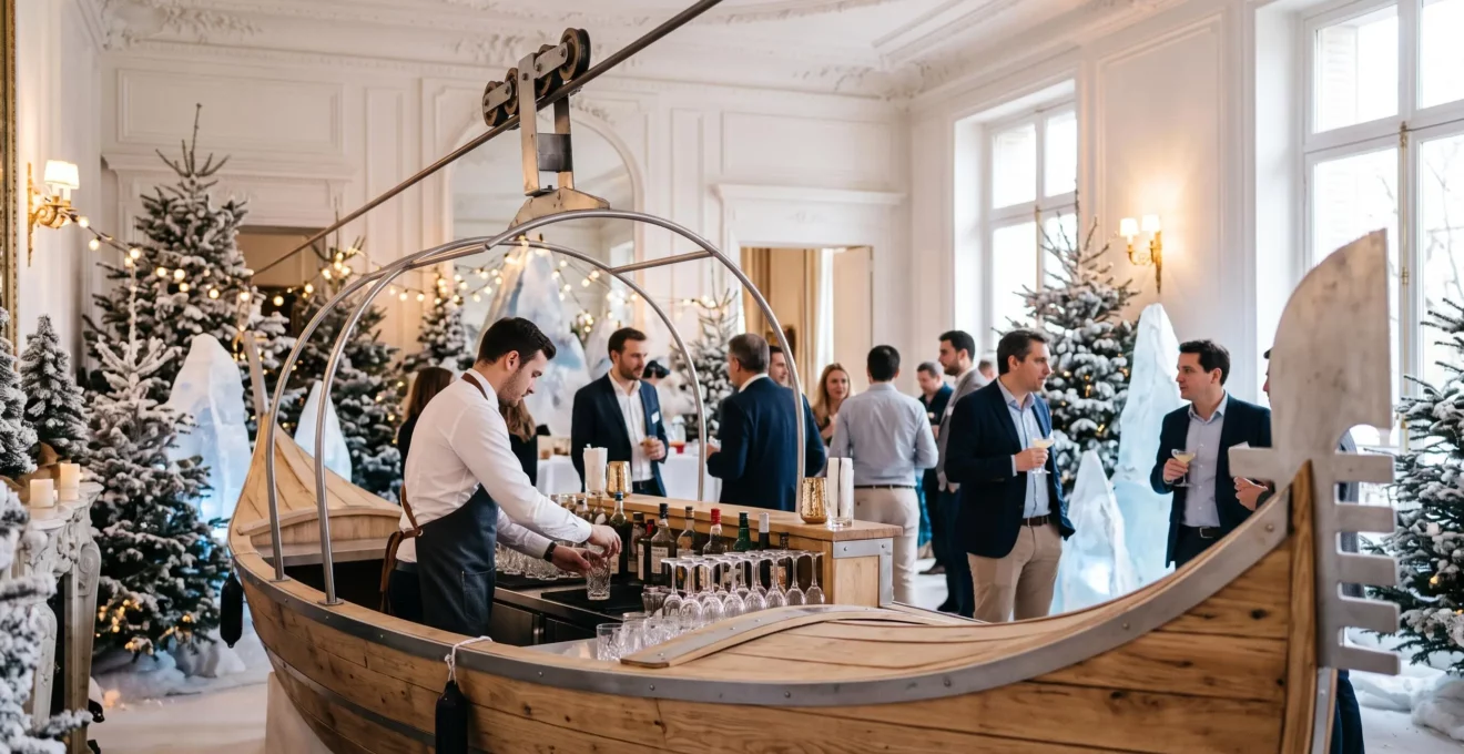 Salle de réception professionnelle française transformée en chalet hivernal avec télécabine décorative en bois servant de bar au premier plan, participants en tenue business casual échangeant en arrière-plan, décor immersif avec sapins enneigés artificiels, icebergs en résine blanche et guirlandes lumineuses créant une ambiance chaleureuse pour un événement corporate