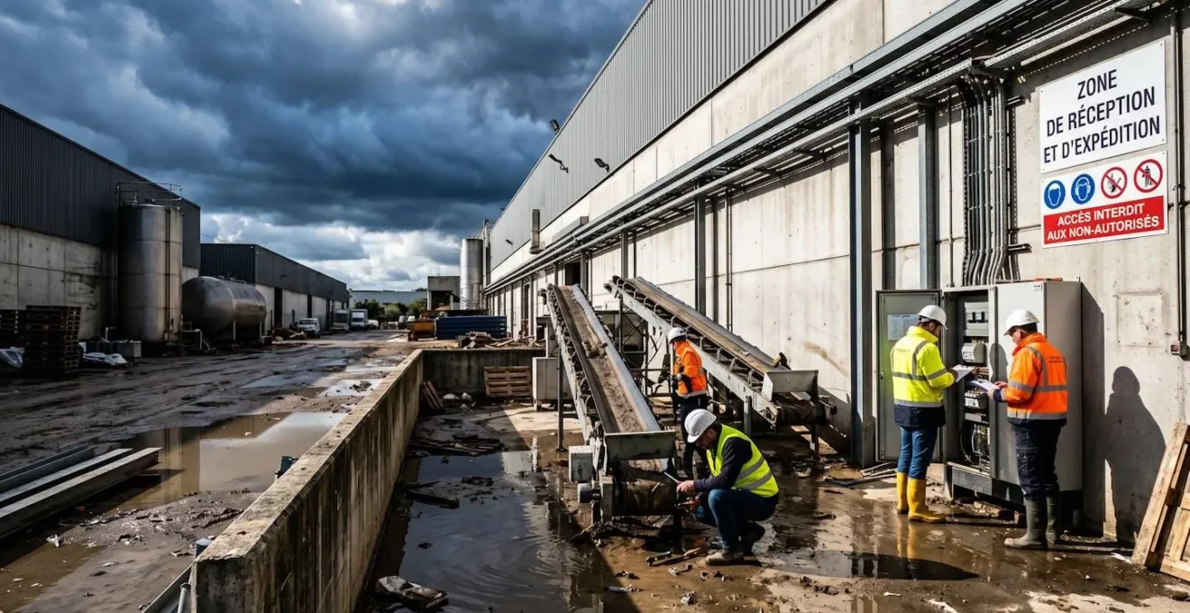 Site industriel français après épisode climatique intense, équipes d'intervention inspectant infrastructures et équipements, traces d'inondation récente, ciel post-orage dramatique