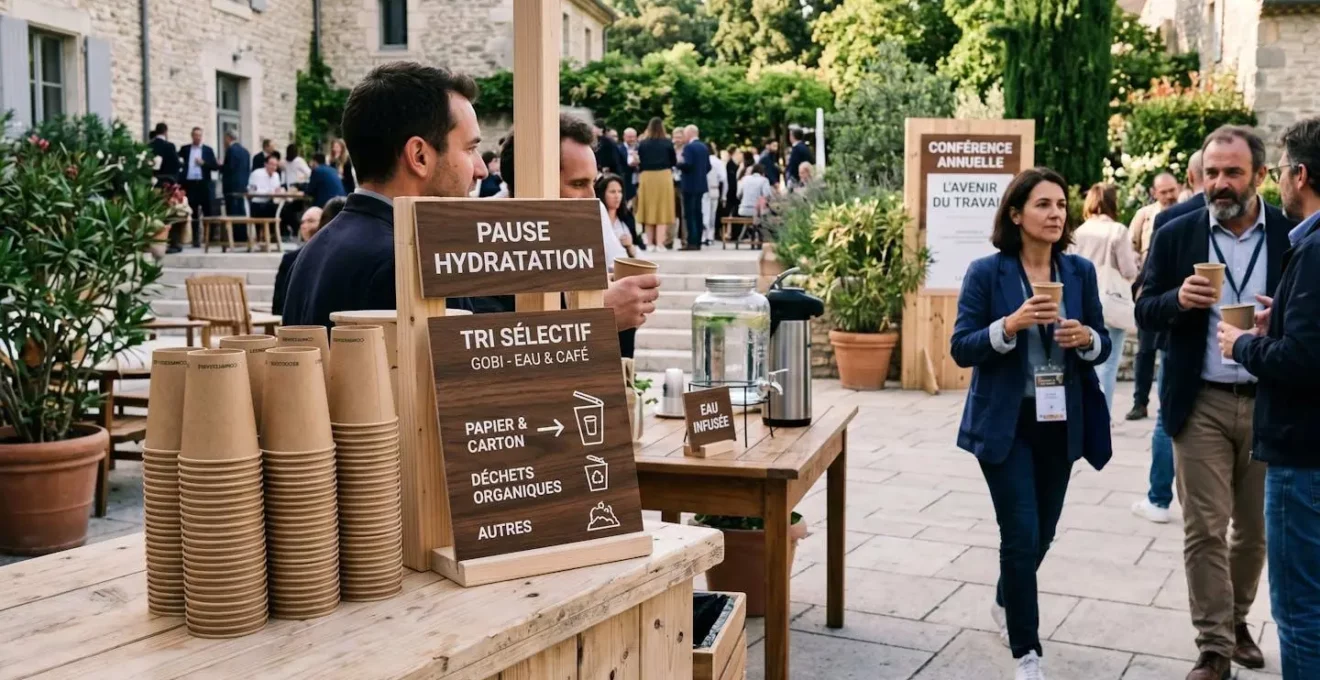 Stand de boissons lors d'un événement professionnel en extérieur avec gobelets en carton recyclables empilés sur comptoir, participants tenant des gobelets, signalétique de tri visible et décor végétalisé sous lumière naturelle
