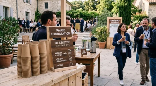 Stand de boissons lors d'un événement professionnel en extérieur avec gobelets en carton recyclables empilés sur comptoir, participants tenant des gobelets, signalétique de tri visible et décor végétalisé sous lumière naturelle