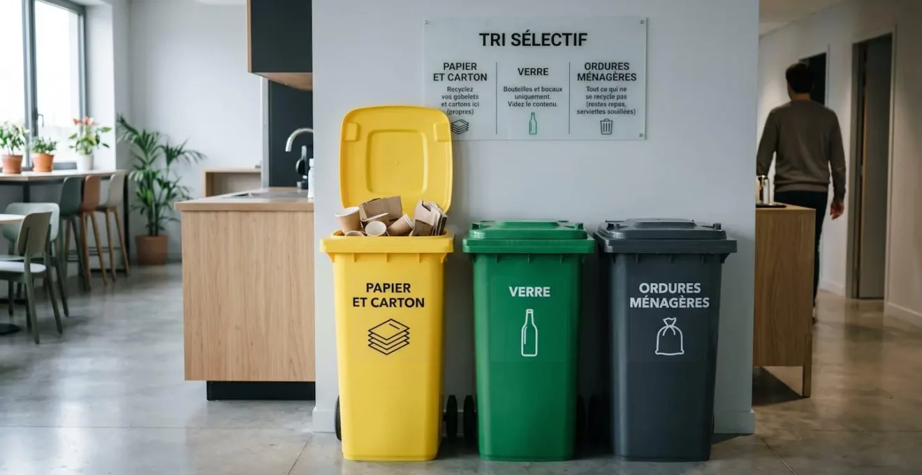 Station de tri sélectif dans espace commun d'entreprise avec bacs multicolores alignés, signalétique en français et gobelets carton visibles dans le bac jaune papier-carton