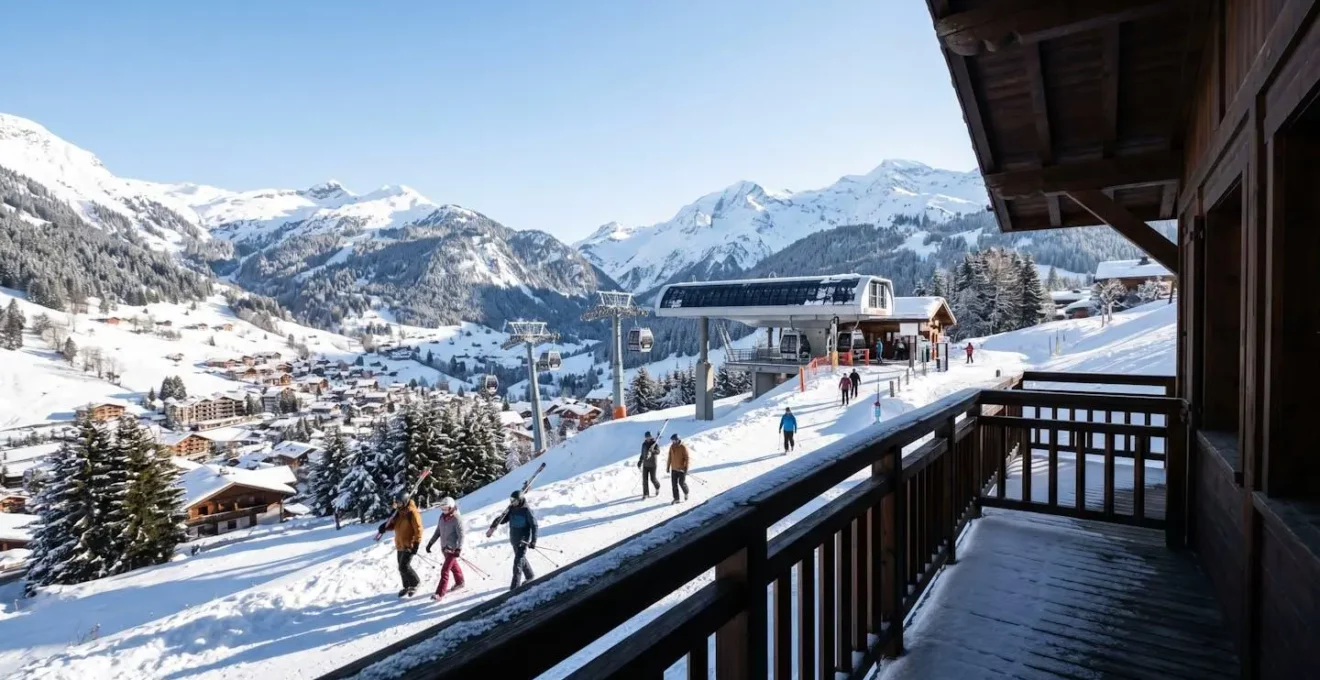 Vue depuis balcon de chalet montagne sur télécabine proche et station de ski, illustration du critère de proximité des remontées mécaniques pour valorisation immobilière