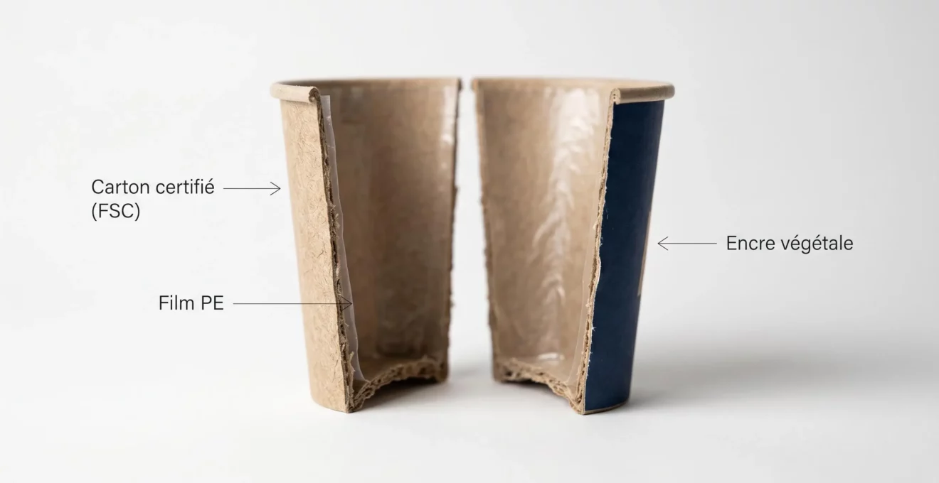Vue en coupe d'un gobelet en carton recyclable montrant les trois couches distinctes : paroi carton certifié externe, film polyéthylène intérieur et couche d'encre végétale, avec annotations en français