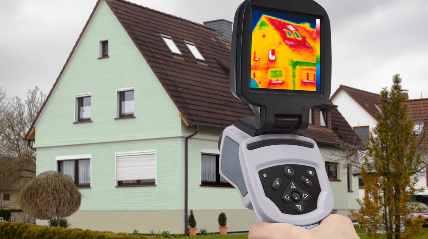 Technicien utilisant une caméra thermographique infrarouge pour inspecter les déperditions thermiques autour d'une fenêtre intérieure, l'écran de l'appareil affichant les zones de fuites en rouge et jaune