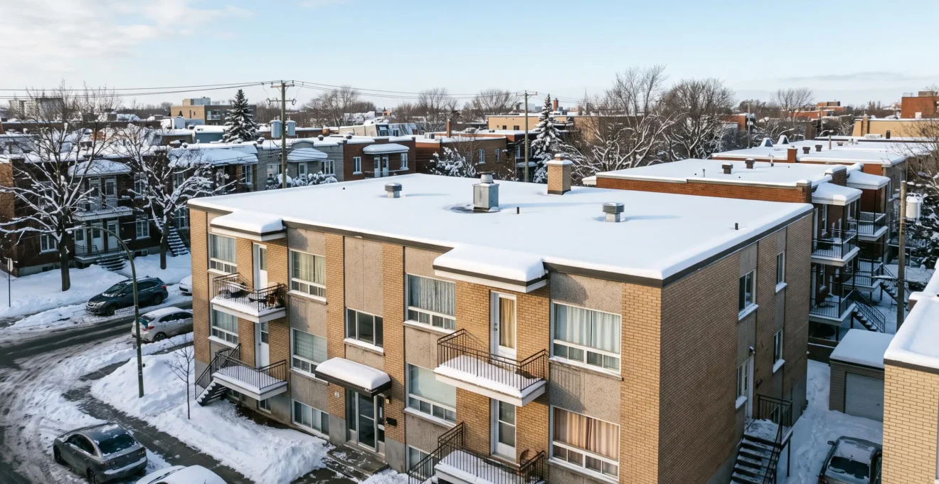 Bâtiment commercial à toit plat recouvert de neige dans un quartier résidentiel de Montréal en hiver, illustrant l'impact des conditions climatiques québécoises sur les toitures plates.