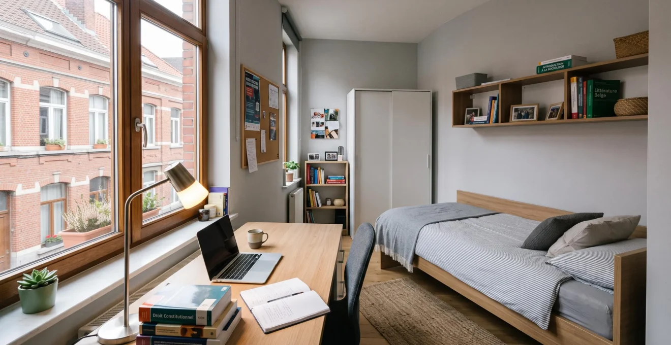 Chambre étudiante meublée de type kot à Bruxelles avec bureau près de la fenêtre, étagères murales et mobilier contemporain dans un immeuble bruxellois typique