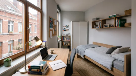 Chambre étudiante meublée de type kot à Bruxelles avec bureau près de la fenêtre, étagères murales et mobilier contemporain dans un immeuble bruxellois typique