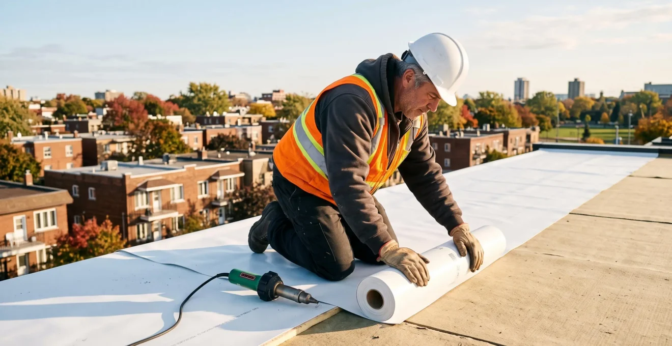 Couvreur professionnel installant une membrane TPO blanche sur toit plat d'un bâtiment résidentiel à Montréal, avec soudeuse à air chaud visible.