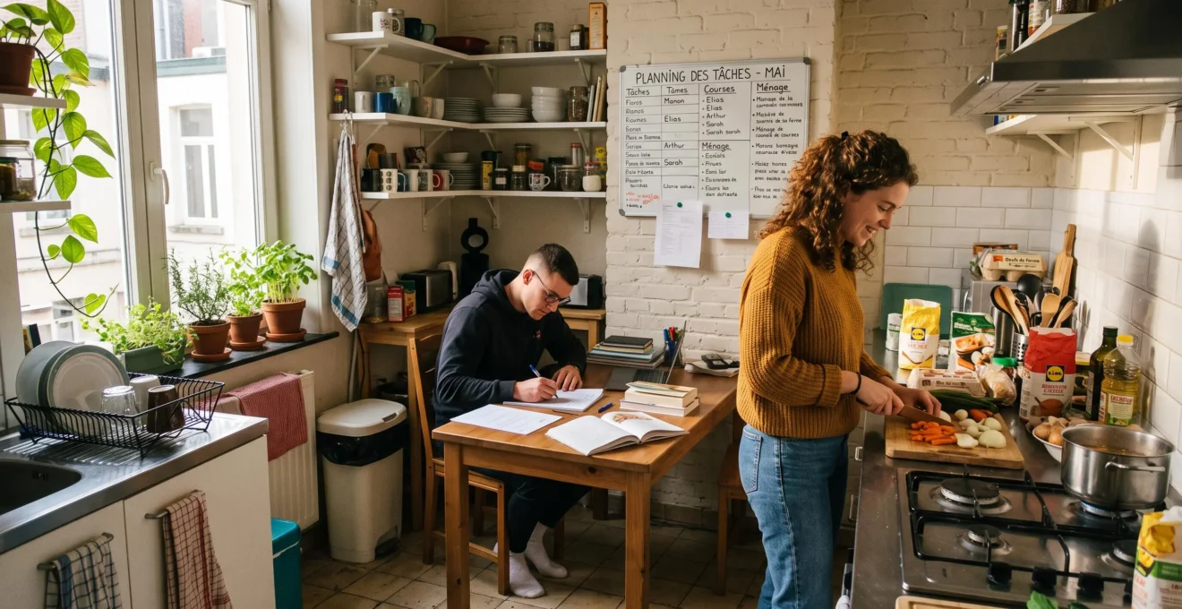 Cuisine partagée d'une colocation étudiante à Bruxelles avec deux colocataires en interaction autour de la table commune dans un espace contemporain chaleureux