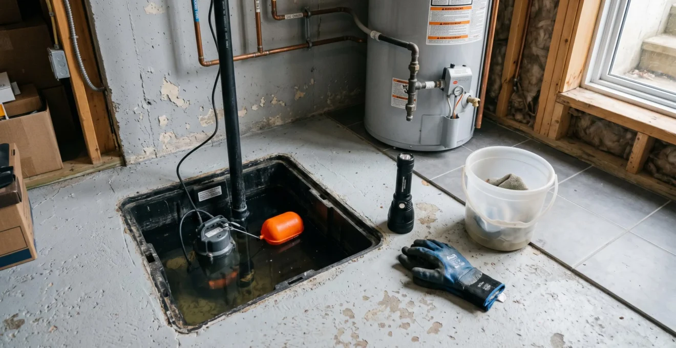 Cuve de puisard ouverte dans un sous-sol résidentiel québécois avec pompe submersible visible, flotteur orange et matériel d'entretien (lampe, gants, seau) posés au sol, éclairage naturel par soupirail