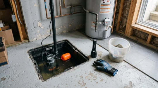Cuve de puisard ouverte dans un sous-sol résidentiel québécois avec pompe submersible visible, flotteur orange et matériel d'entretien (lampe, gants, seau) posés au sol, éclairage naturel par soupirail