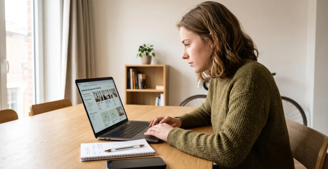 Étudiant belge consultant des annonces de logement étudiant sur ordinateur portable dans un intérieur contemporain lumineux