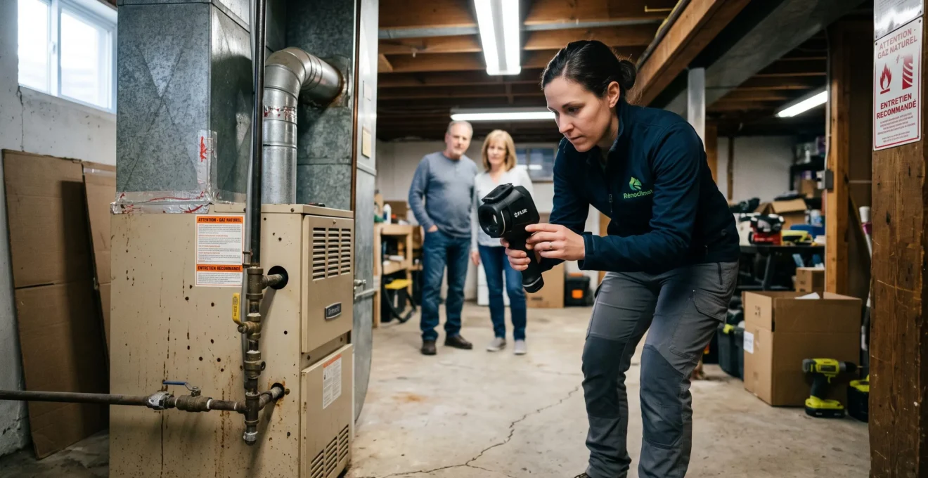 Évaluateur énergétique certifié Rénoclimat utilisant un appareil de mesure thermique pour inspecter une fournaise au gaz dans le sous-sol d'une résidence québécoise, couple de propriétaires observant en arrière-plan