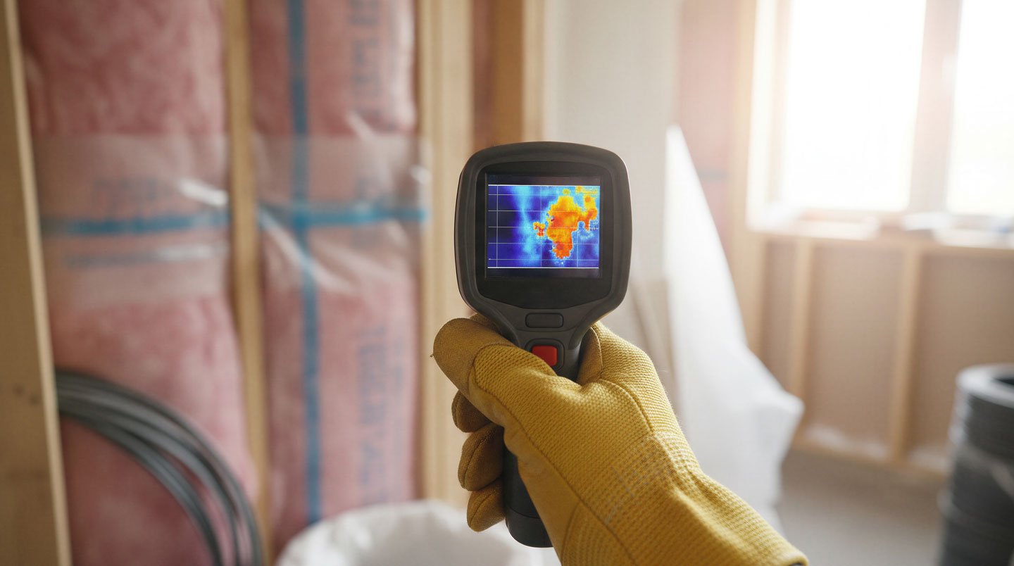 Évaluateur énergétique certifié Rénoclimat utilisant un appareil de mesure thermique pour inspecter une fournaise au gaz dans le sous-sol d'une résidence québécoise, couple de propriétaires observant en arrière-plan