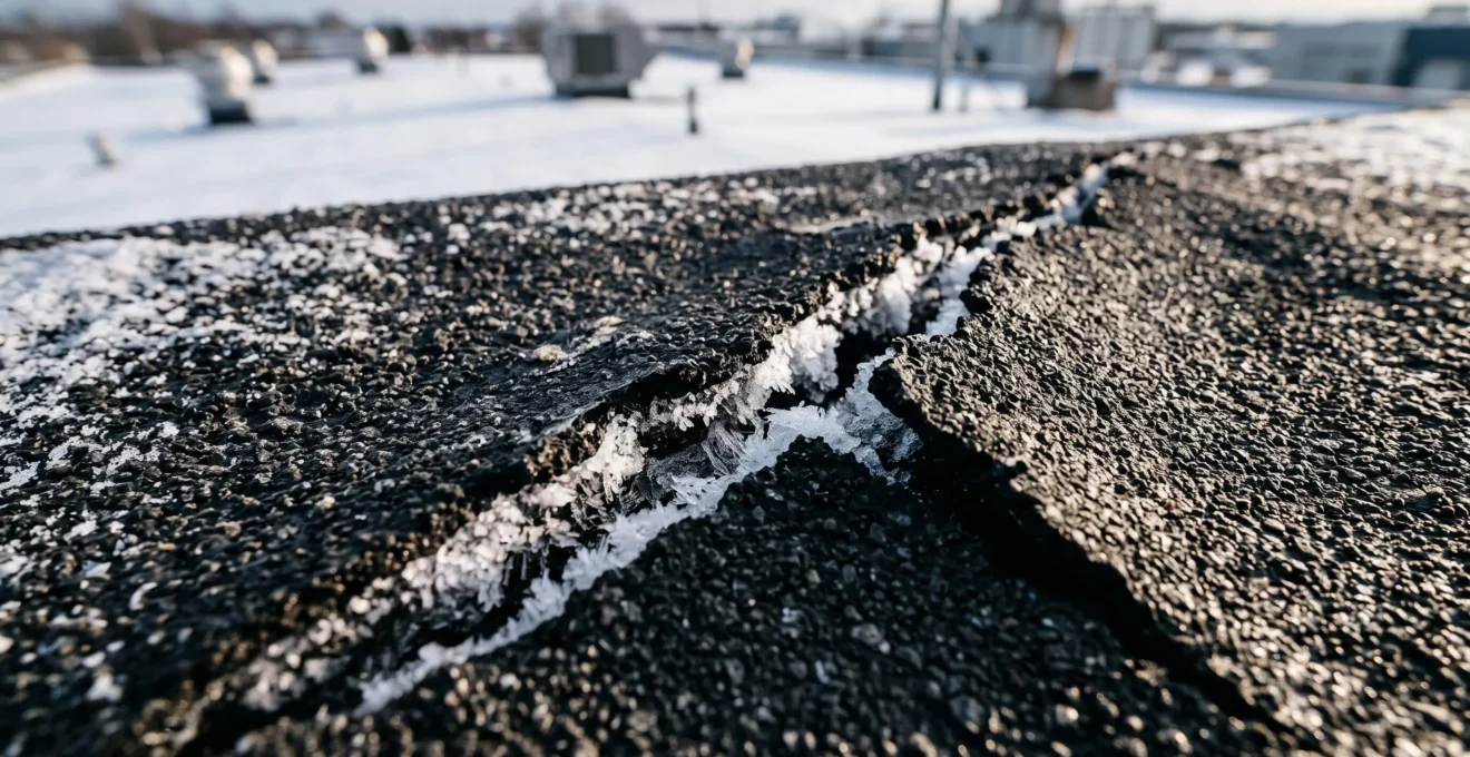 Gros plan d'une fissure sur membrane de toiture noire avec accumulation de givre, illustrant la dégradation causée par les cycles gel-dégel au Québec.