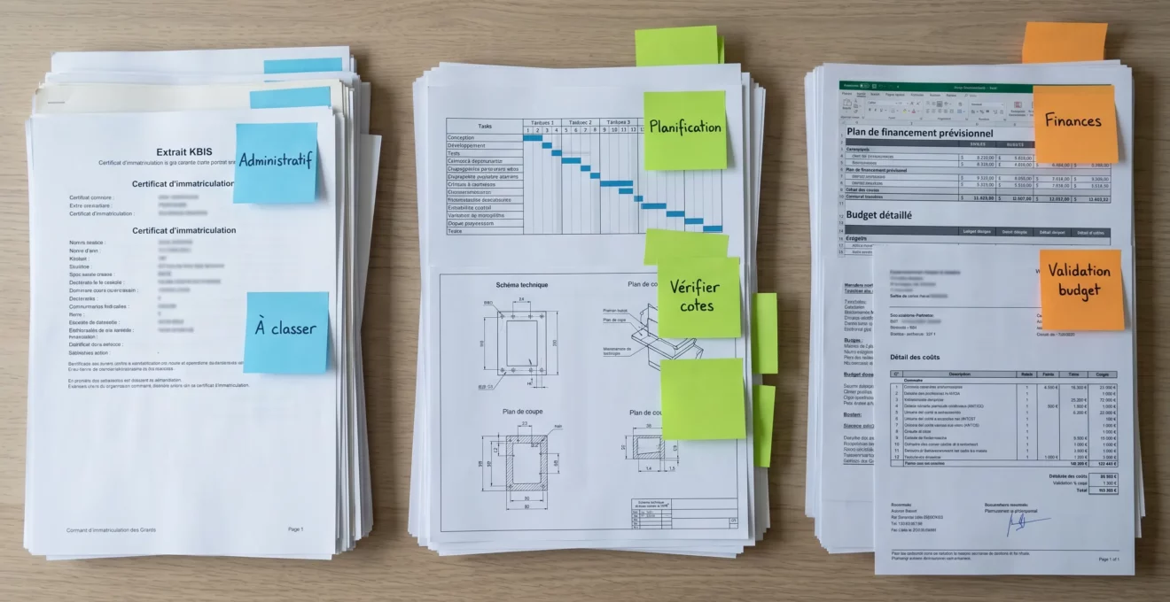 Vue de dessus de trois piles de documents organisées représentant les volets administratif, technique et financier d'un dossier de financement