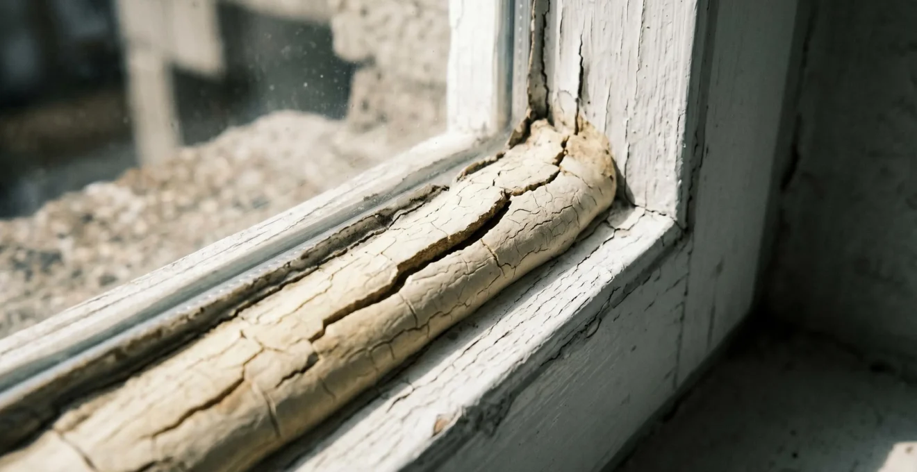 Gros plan macro sur joint de calfeutrage de fenêtre montrant fissures longitudinales, décollement du cadre et jaunissement du scellant polyuréthane blanc