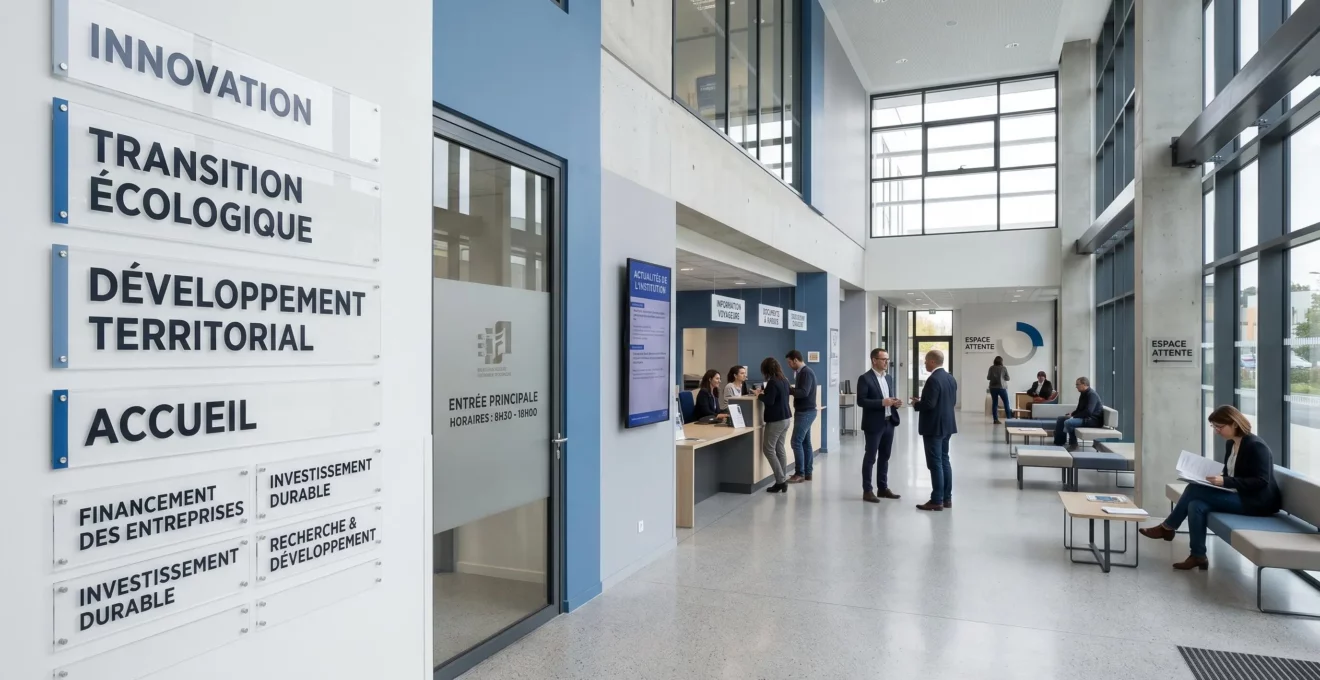 Hall d'accueil moderne d'un organisme public de financement français avec signalétique des différents services d'aide aux entreprises
