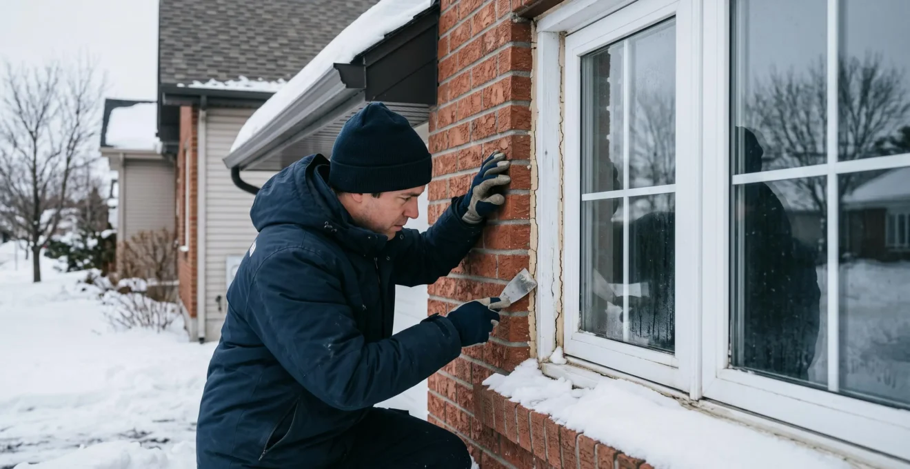 Inspecteur en bâtiment examinant le calfeutrage d'une fenêtre résidentielle en hiver au Québec, utilisant un outil d'inspection professionnel sur le pourtour du cadre avec neige visible en arrière-plan