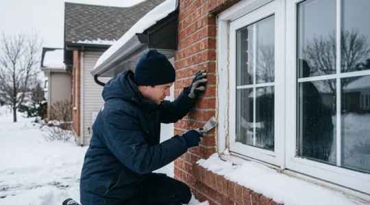 Inspecteur en bâtiment examinant le calfeutrage d'une fenêtre résidentielle en hiver au Québec, utilisant un outil d'inspection professionnel sur le pourtour du cadre avec neige visible en arrière-plan