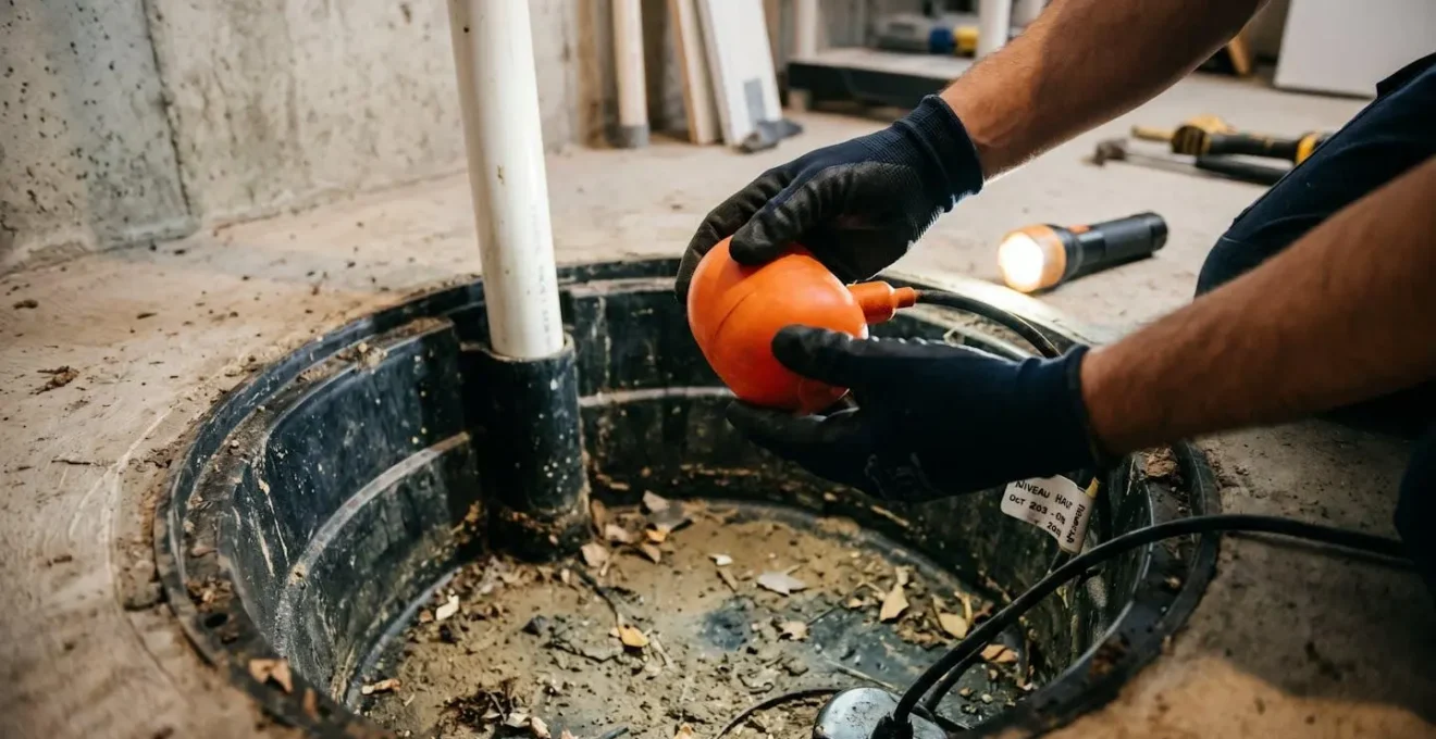 Mains gantées inspectant un flotteur orange de pompe à puisard au-dessus d'une cuve ouverte contenant des traces de boue et débris, éclairage par lampe torche