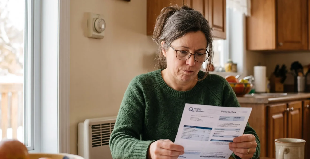Propriétaire d'âge moyen consultant une facture Hydro-Québec à sa table de cuisine, avec un vieux thermostat mécanique visible sur le mur en arrière-plan, lumière naturelle hivernale