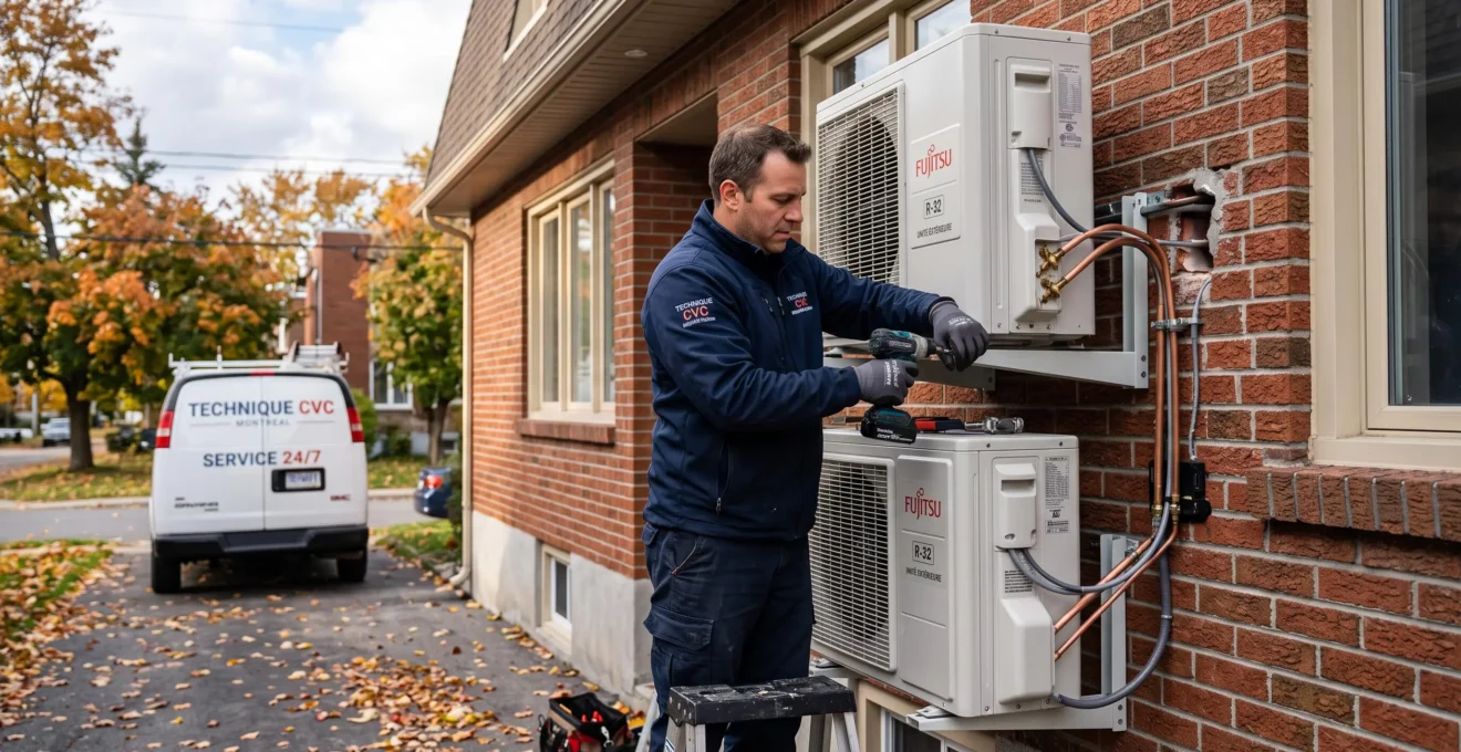 Technicien HVAC certifié installant une thermopompe murale moderne sur la façade de brique d'un duplex résidentiel typique de la banlieue montréalaise, lumière naturelle d'automne, camionnette de service visible en arrière-plan