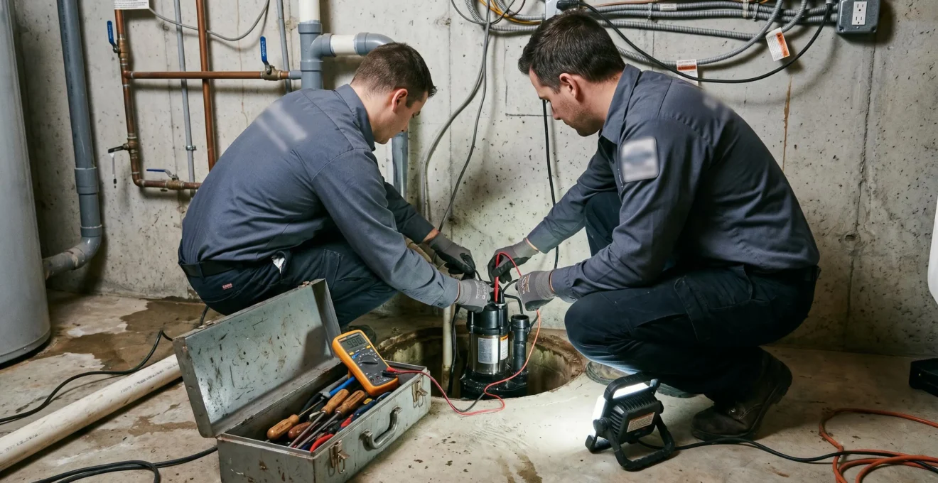 Technicien plombier professionnel accroupi diagnostiquant une pompe à puisard avec un multimètre, caisse à outils ouverte et éclairage de chantier dans un sous-sol résidentiel