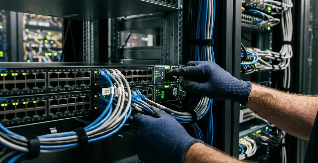 Ingénieur IT inspectant un switch réseau et les systèmes d'alimentation redondants montés dans une baie technique