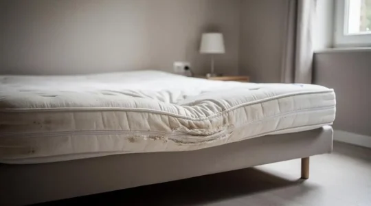 Matelas double présentant un affaissement visible dans la zone centrale de couchage, photographié de profil dans une chambre contemporaine.