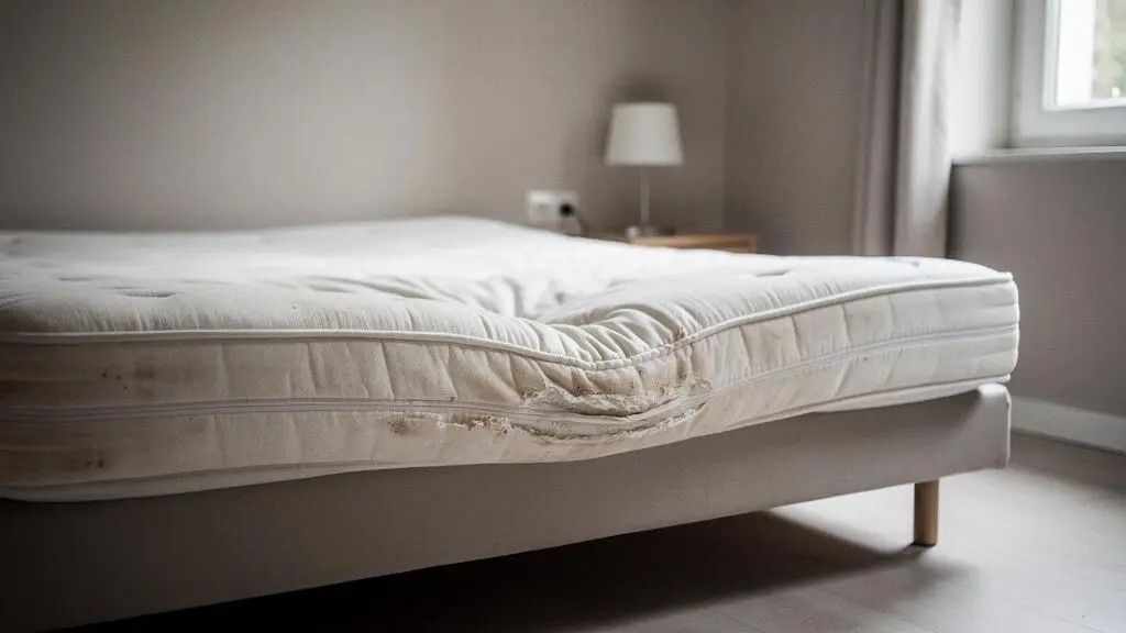 Matelas double présentant un affaissement visible dans la zone centrale de couchage, photographié de profil dans une chambre contemporaine.