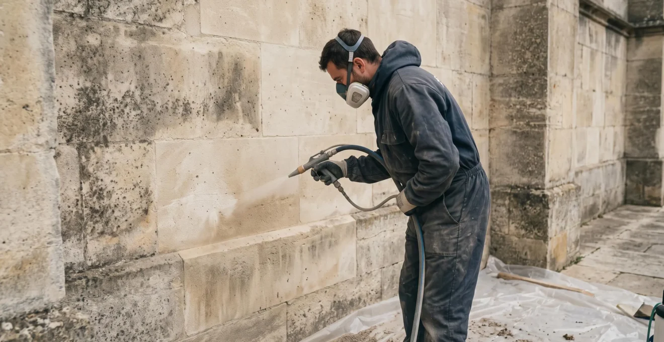 Professionnel réalisant un microbillage délicat sur mur en pierre calcaire ancienne lors d'une intervention sur site patrimonial