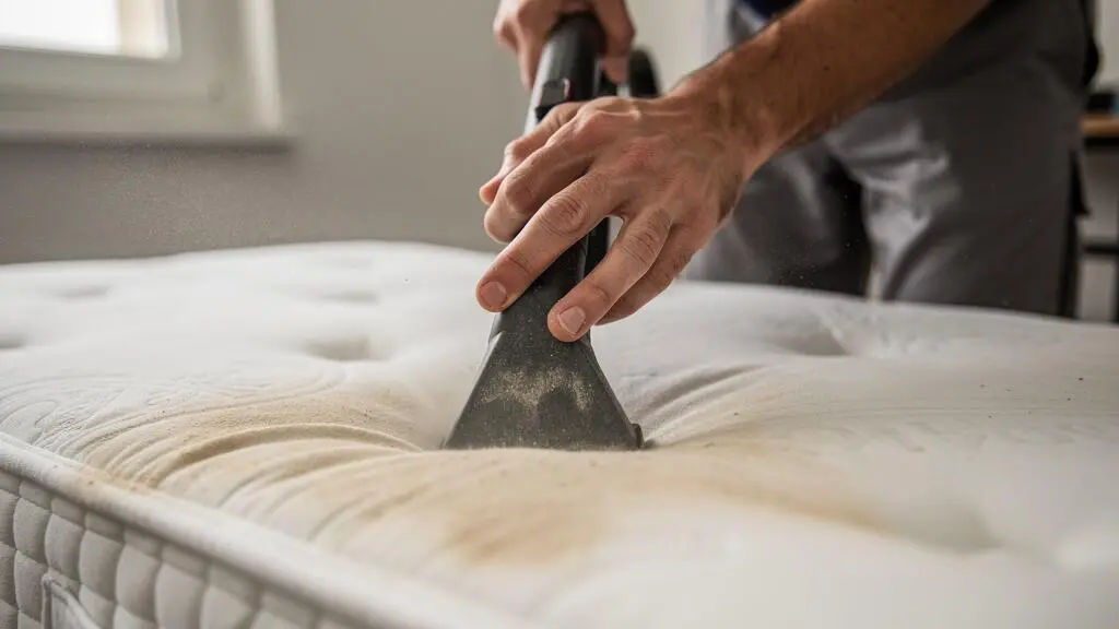Technicien utilisant un aspirateur pour nettoyer la surface d'un matelas, gros plan sur l'action de nettoyage.