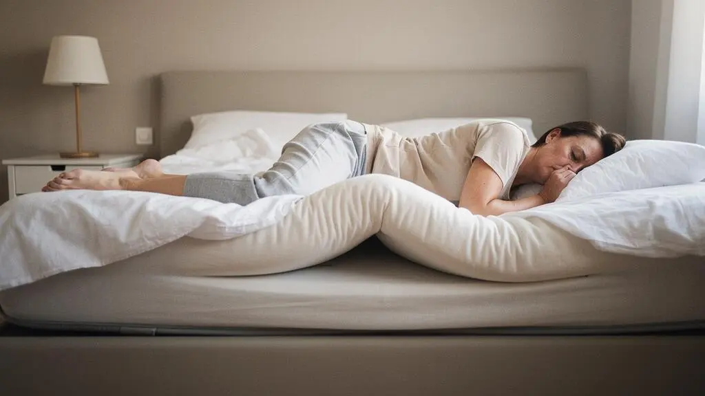 Personne allongée de profil sur un matelas affaissé, montrant le mauvais alignement du corps dû à la perte de soutien.