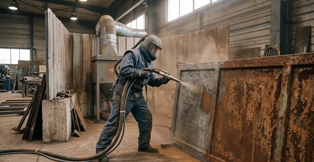 Opérateur professionnel réalisant un sablage sur portail métallique rouillé dans un atelier de décapage à Cholet
