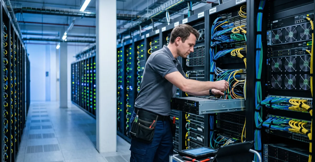 Technicien IT travaillant sur une rangée de serveurs dans un datacenter moderne, avec des baies serveur équipées d'indicateurs LED en arrière-plan