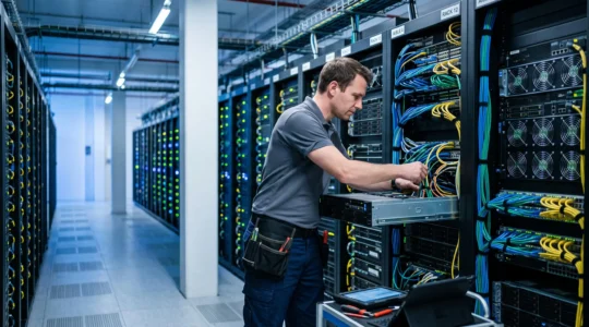 Technicien IT travaillant sur une rangée de serveurs dans un datacenter moderne, avec des baies serveur équipées d'indicateurs LED en arrière-plan