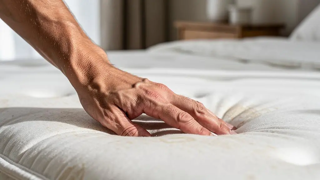 Main d'une personne testant la fermeté d'un matelas en appuyant sur sa surface, révélant un affaissement.