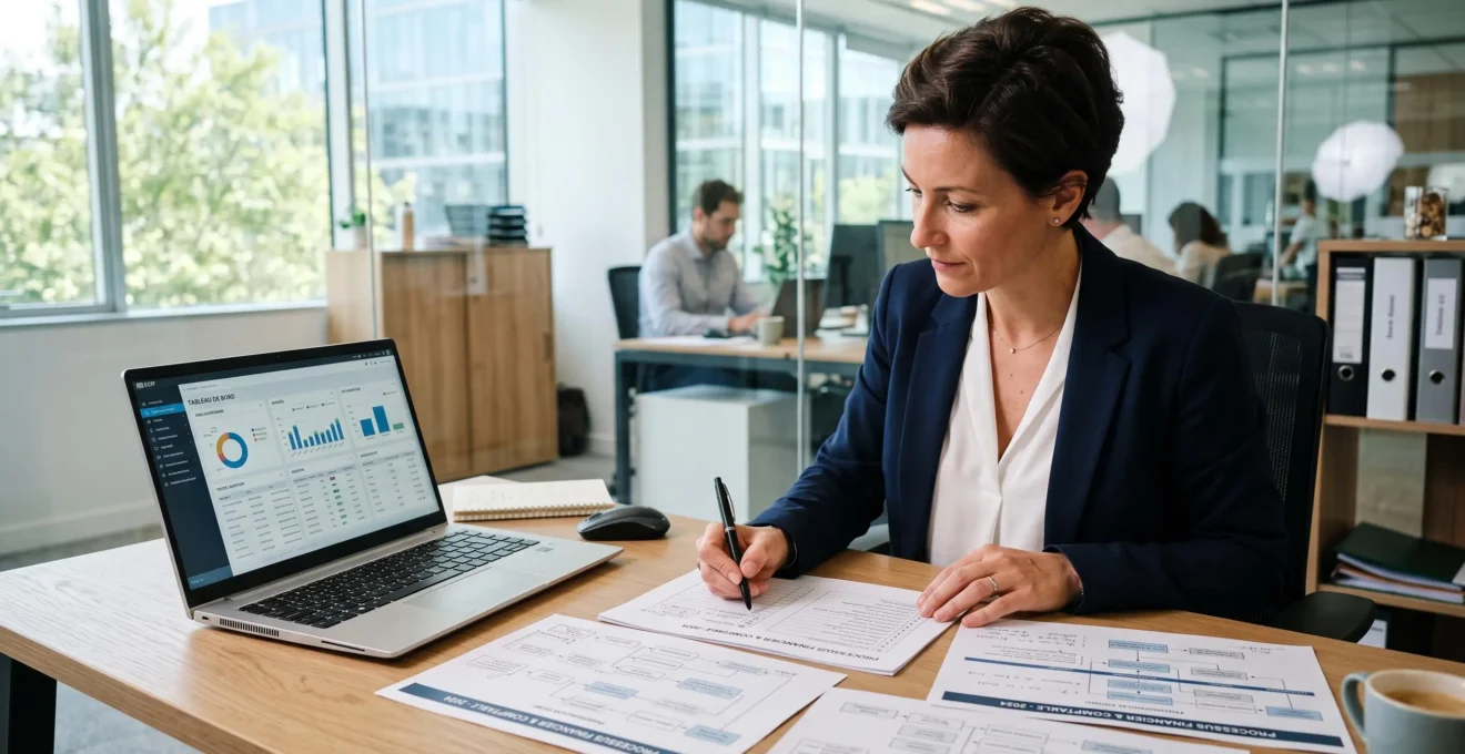 Une responsable comptable annote un document d'audit des processus posé à côté de son ordinateur portable ouvert sur son logiciel ERP.