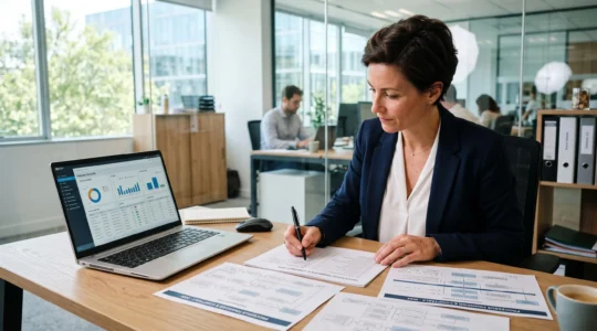 Une responsable comptable annote un document d'audit des processus posé à côté de son ordinateur portable ouvert sur son logiciel ERP.
