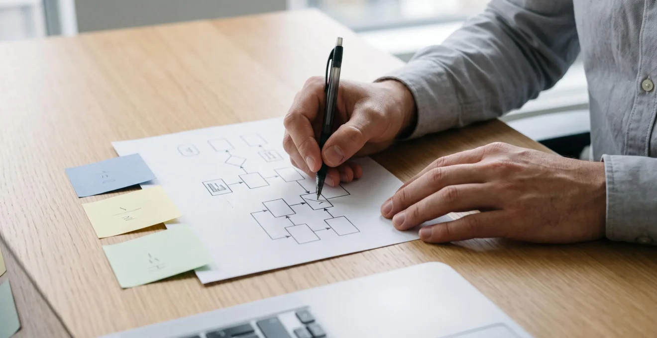 Des mains annotent au stylo un schéma de flux de processus imprimé sur un bureau, entouré de post-it.