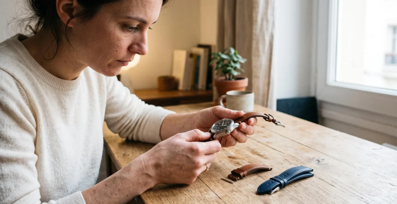 Une femme détache un bracelet de montre à l'aide du système de fixation rapide, sans outil, à une table en bois.