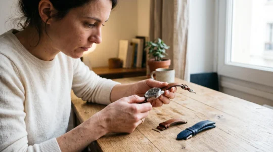 Une femme détache un bracelet de montre à l'aide du système de fixation rapide, sans outil, à une table en bois.