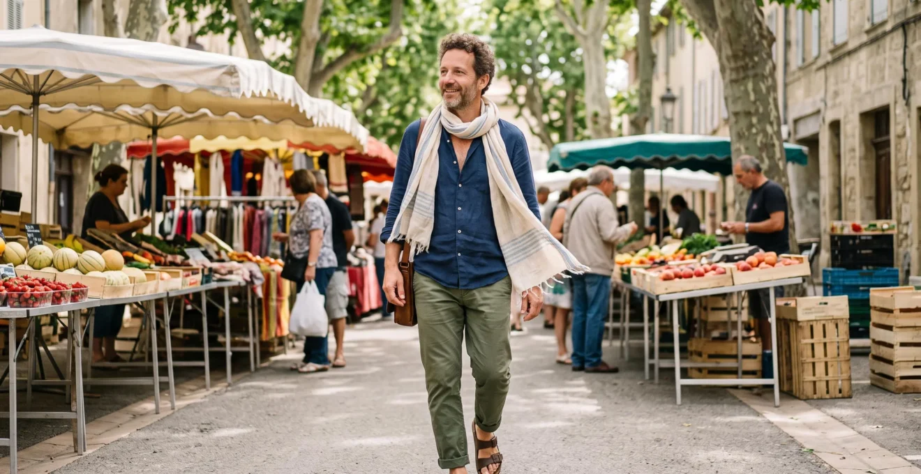 Homme portant un chèche en lin léger dans un contexte extérieur de marché ou rue arborée au printemps