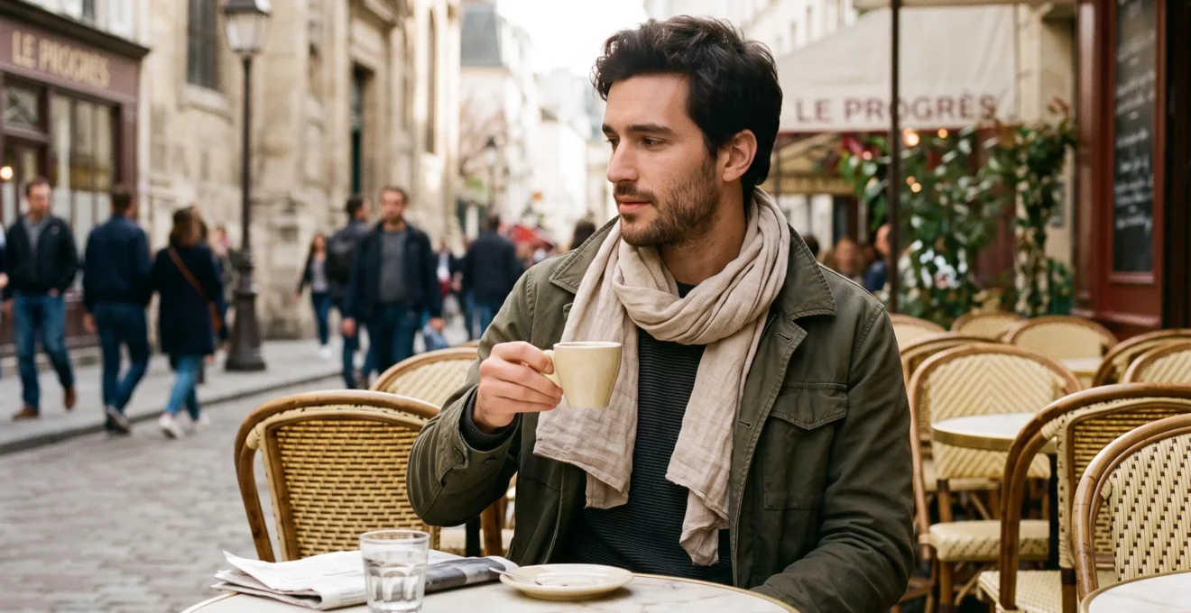 Homme portant un chèche de façon décontractée assis à une terrasse de café parisienne