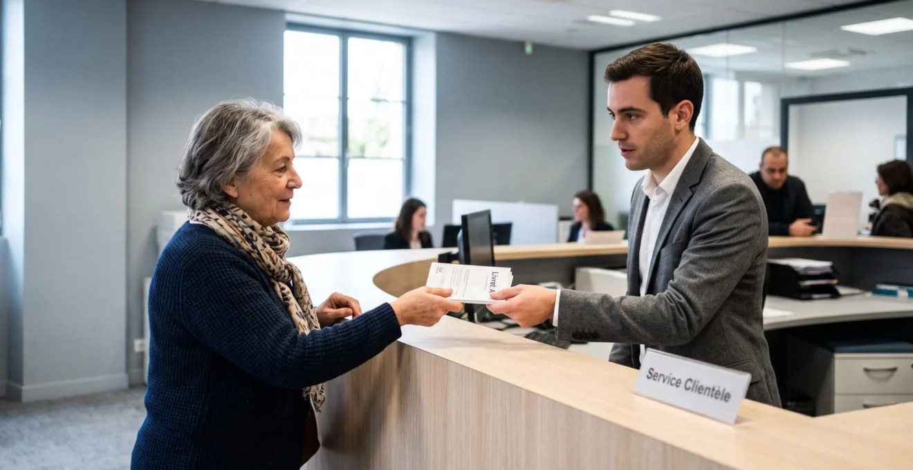 Cliente senior effectuant une opération bancaire au guichet d'une agence française