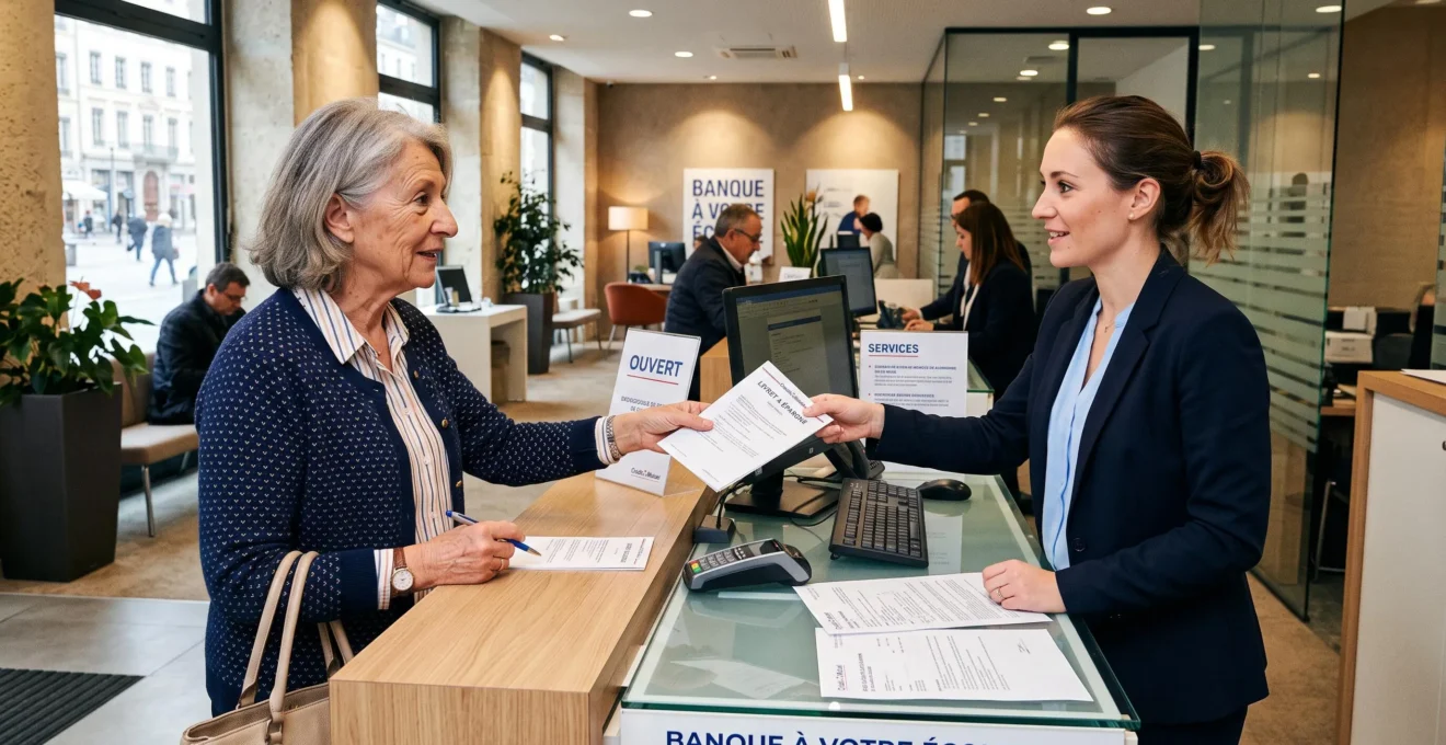 Cliente senior effectuant une opération bancaire au guichet d'une agence française