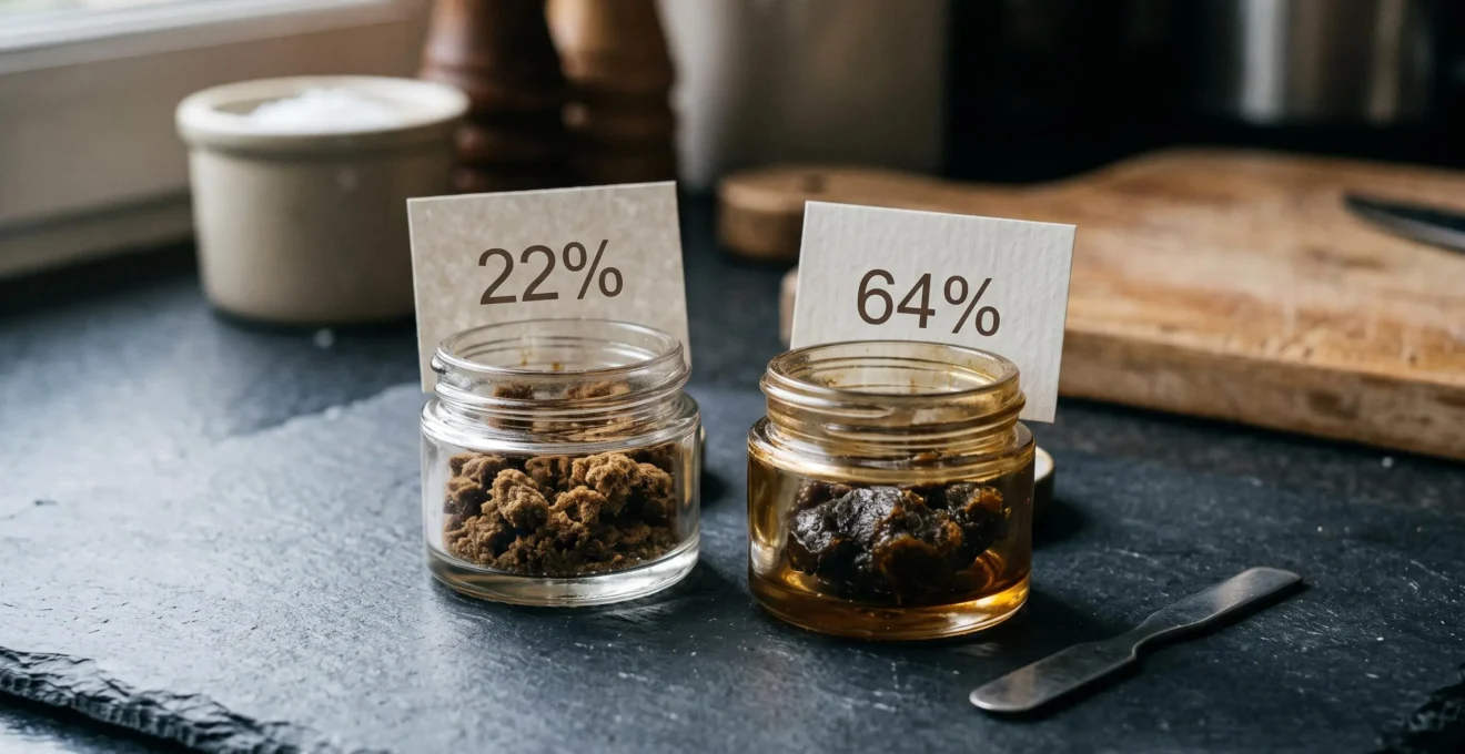 Deux pots de résine de CBD de texture différente posés côte à côte sur une ardoise avec leurs étiquettes.