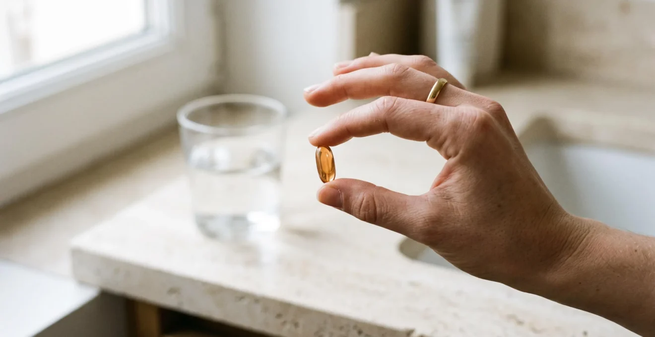 Main tenant une gélule de complément alimentaire à l'acide hyaluronique avec un verre d'eau en arrière-plan