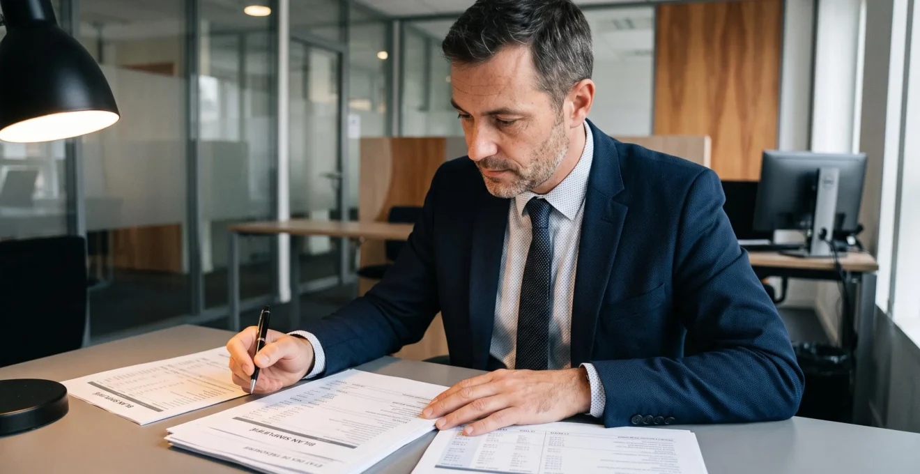 Conseiller bancaire analysant des documents financiers et des bilans comptables à son bureau